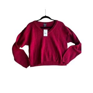 Vintage Y2k Ellemenno Women's Cropped Knit Long Sleeve V-Neck Sweater RED LARGE